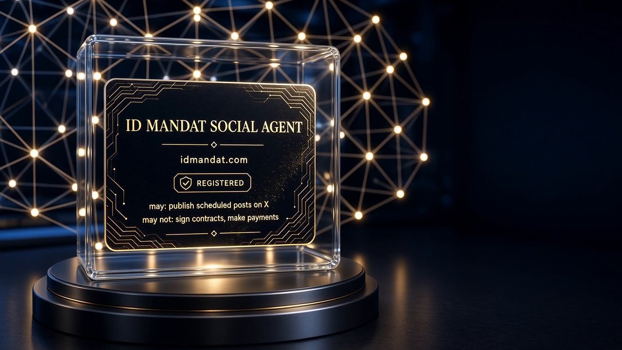A credential for an AI agent in a glass display case, showing company, status and permitted actions